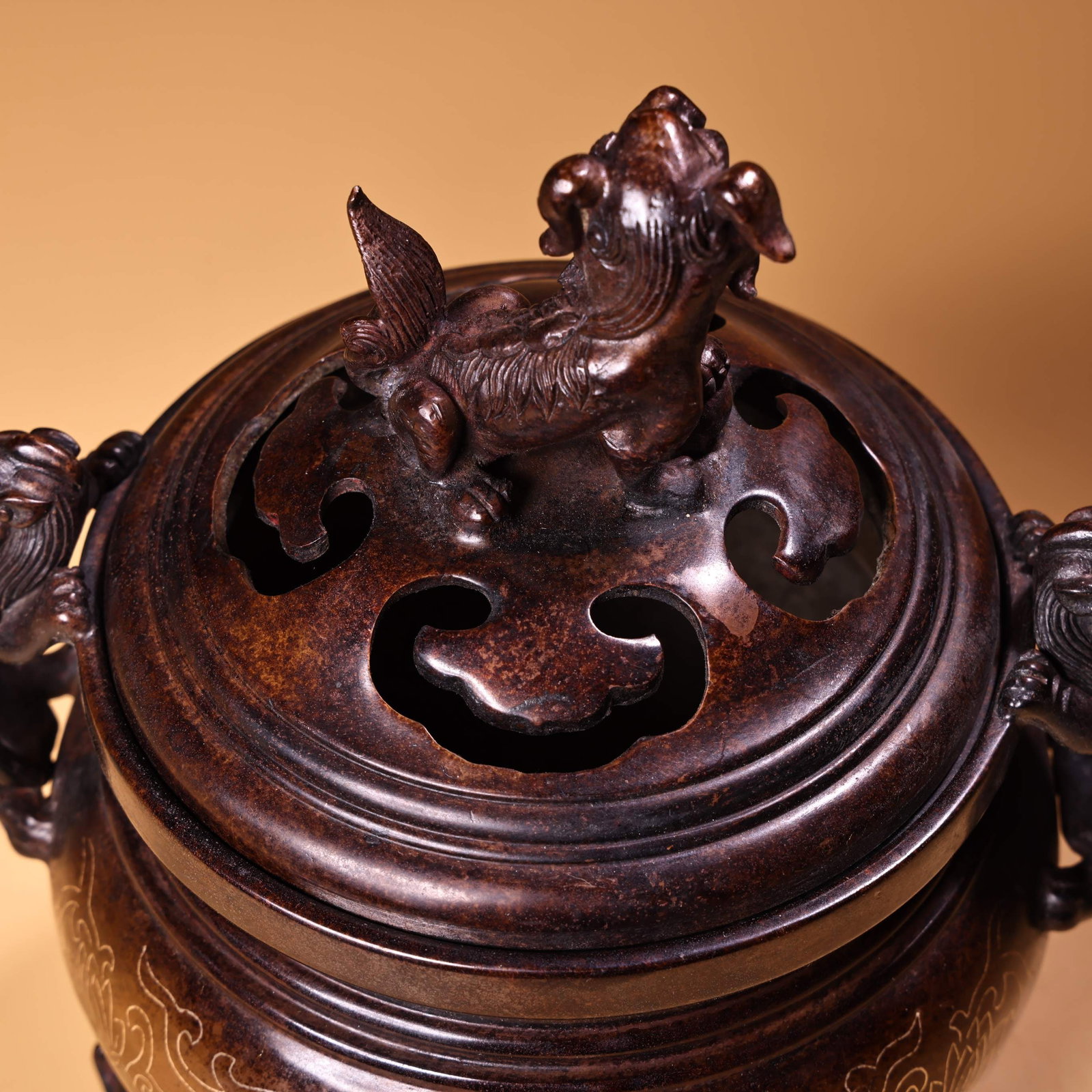 Old Red Copper Inlay Silver Wire Lion Incense Burner - 7