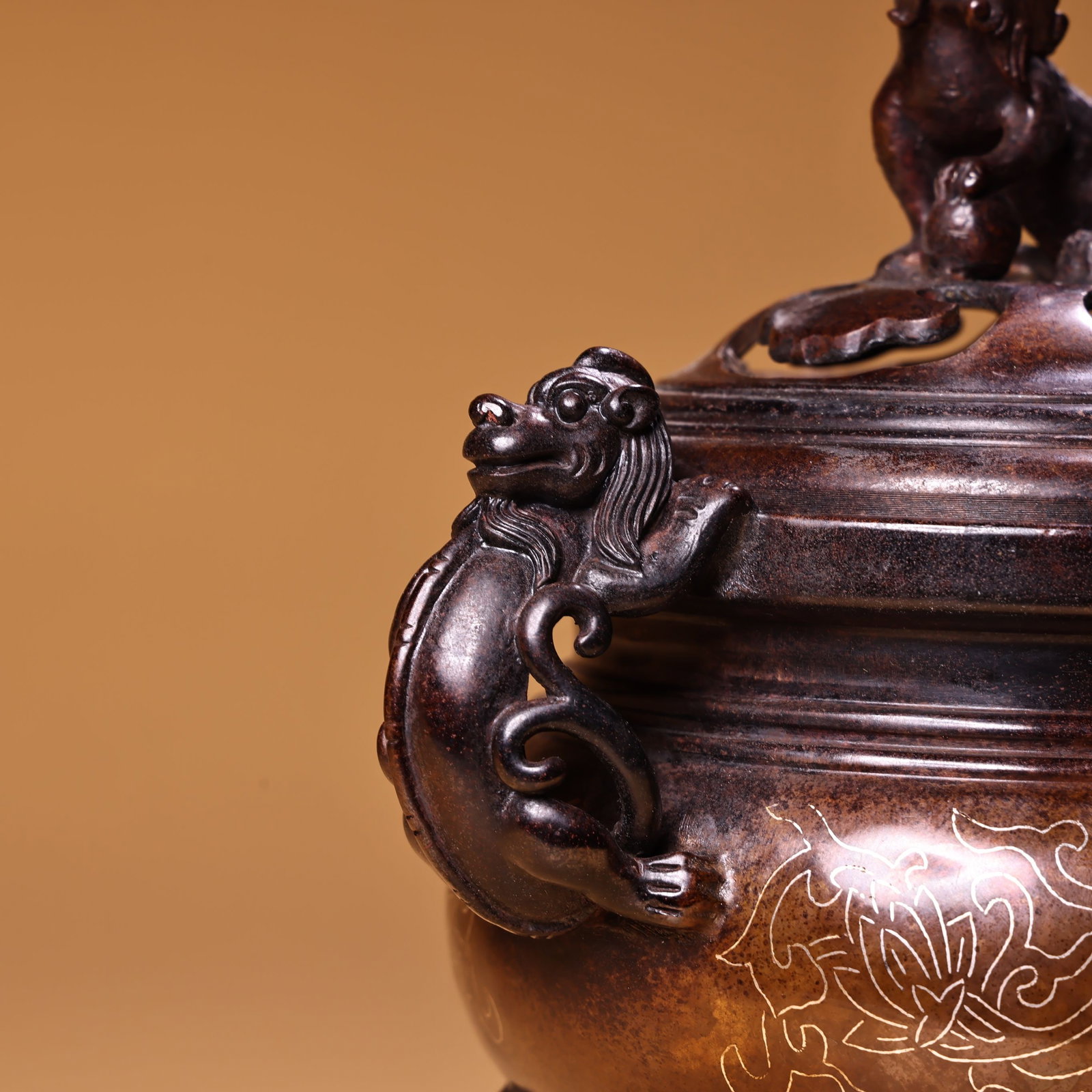 Old Red Copper Inlay Silver Wire Lion Incense Burner - 8