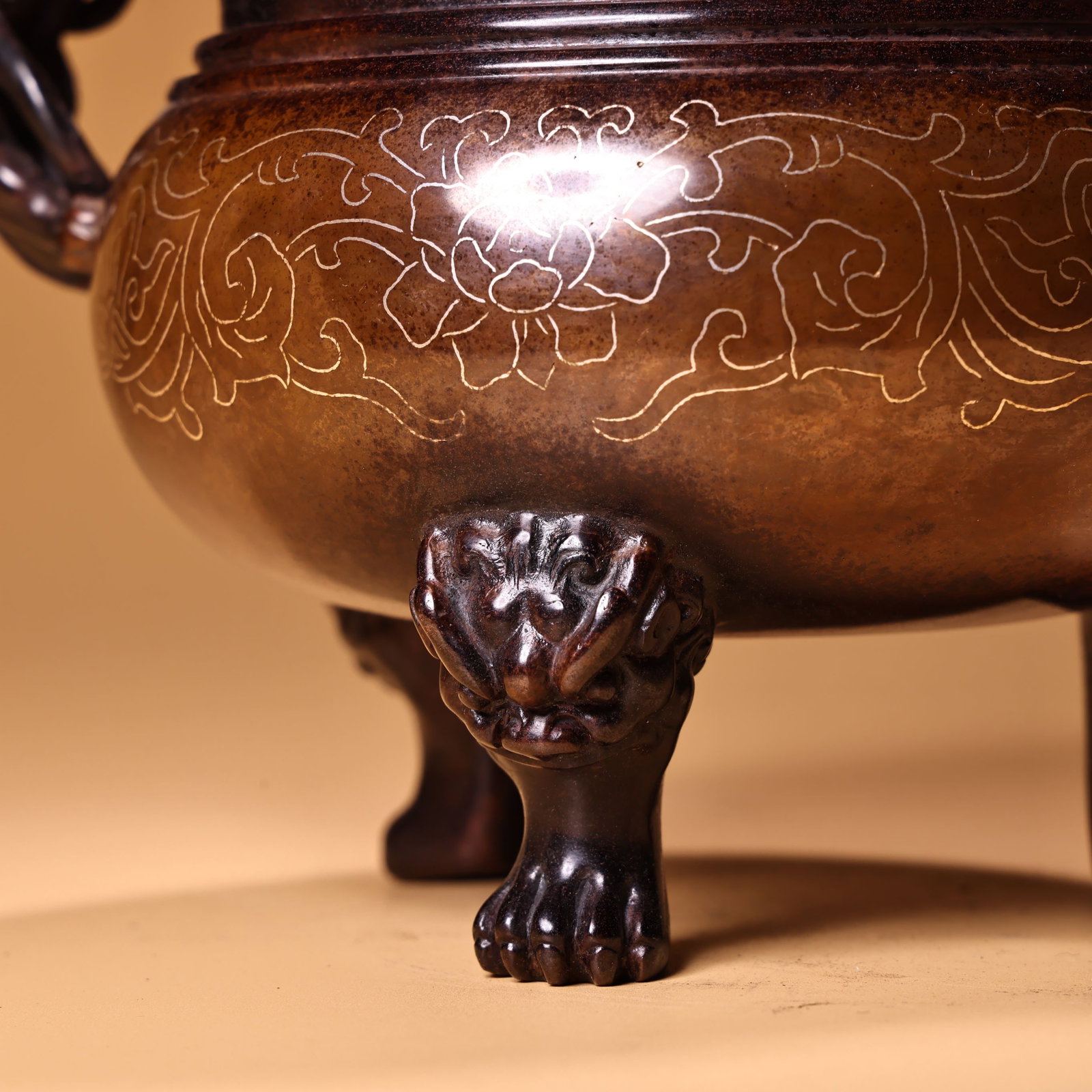 Old Red Copper Inlay Silver Wire Lion Incense Burner - 9