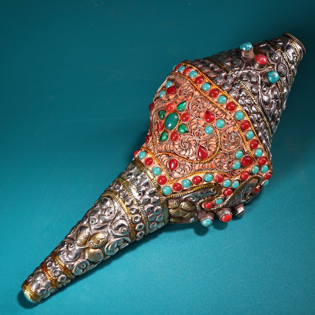 Tibetan Silver Inlay Shell & Gem Statue - 11