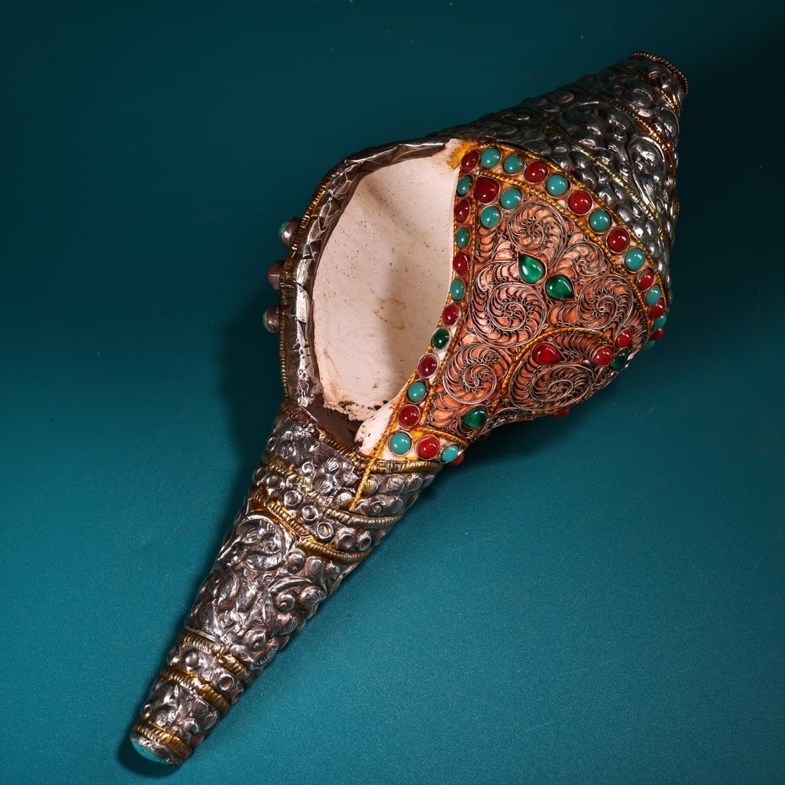 Tibetan Silver Inlay Shell & Gem Statue - 2