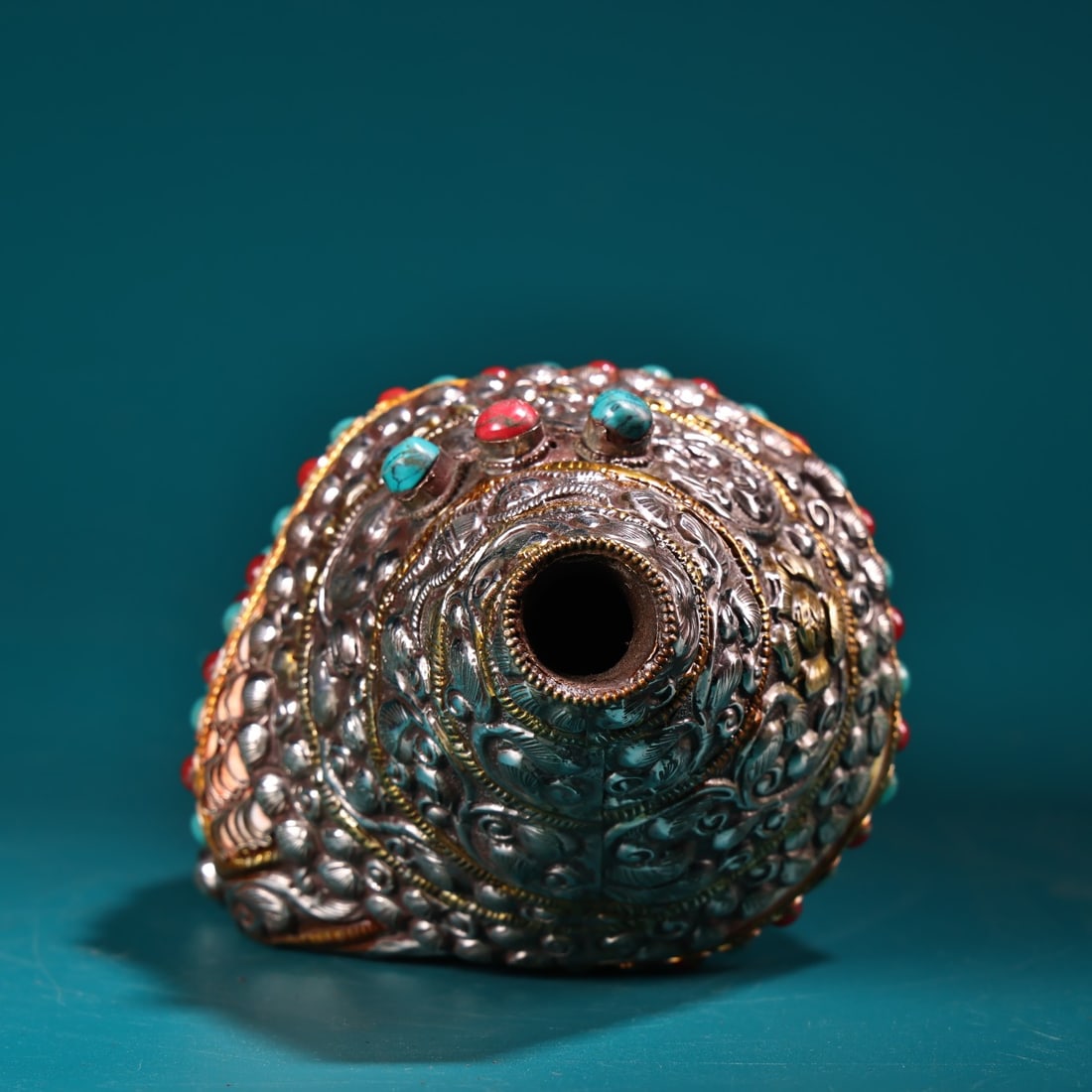 Tibetan Silver Inlay Shell & Gem Statue - 5