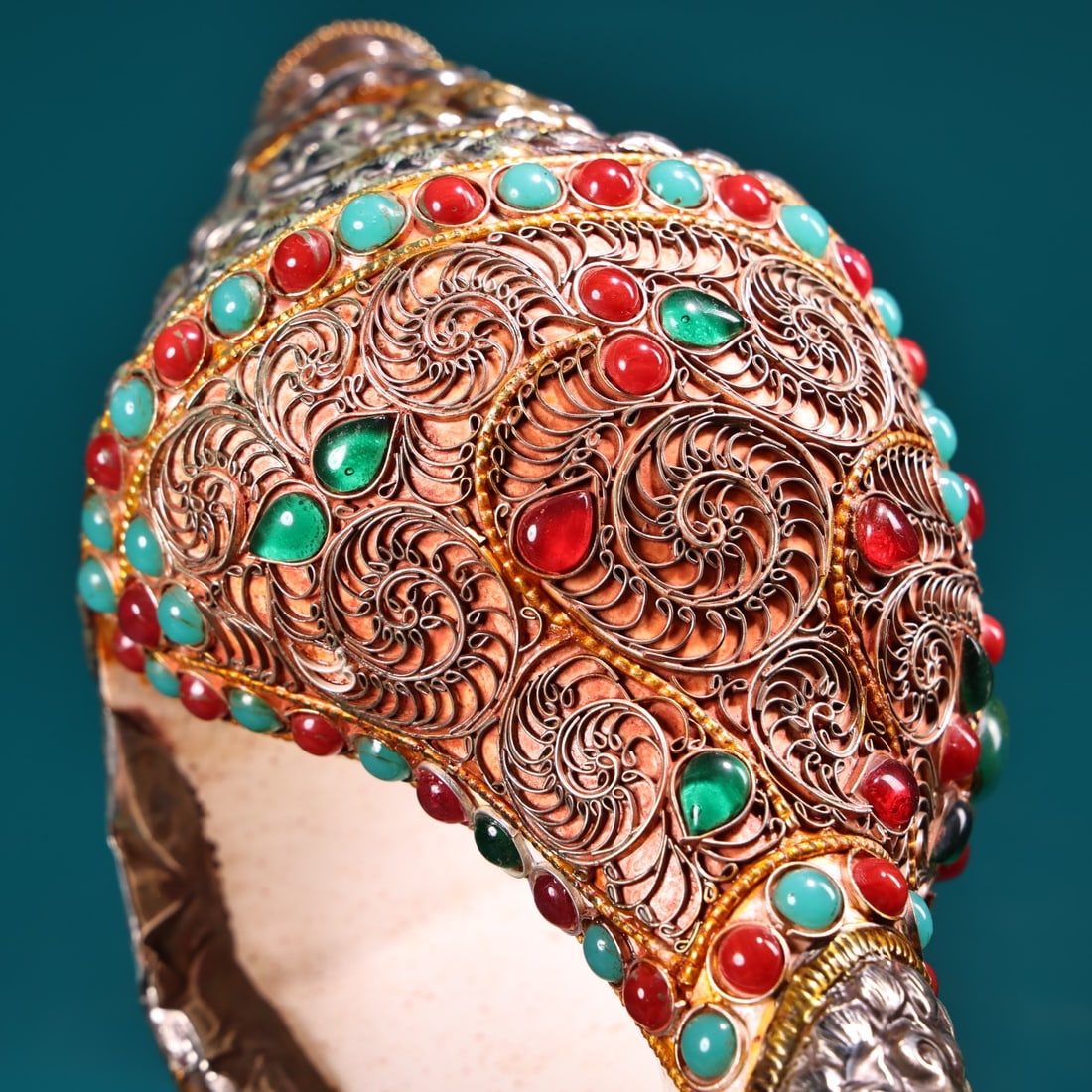 Tibetan Silver Inlay Shell & Gem Statue - 6