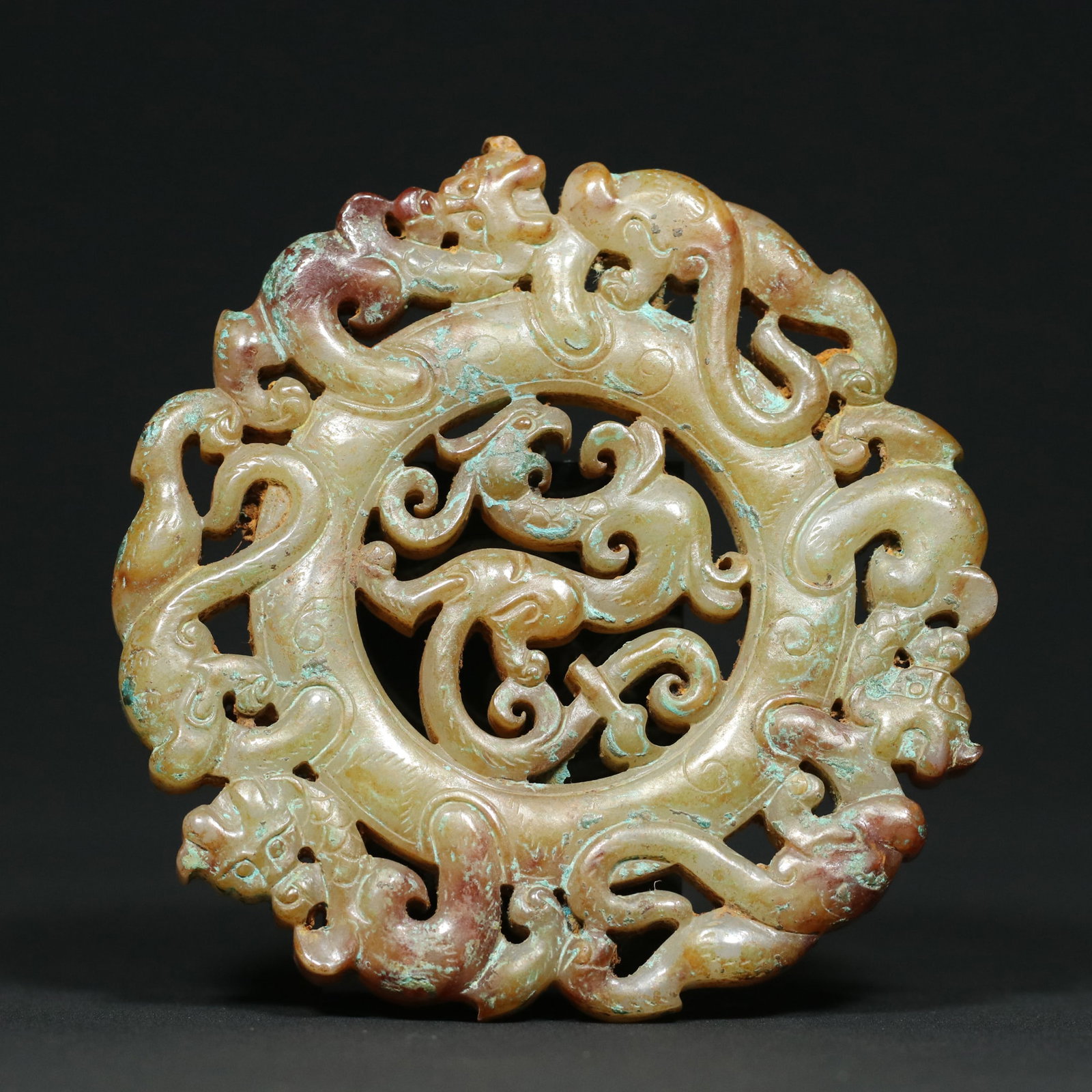 Openwork Hetian Jade Dragon Phoenix Bi Statue - 2