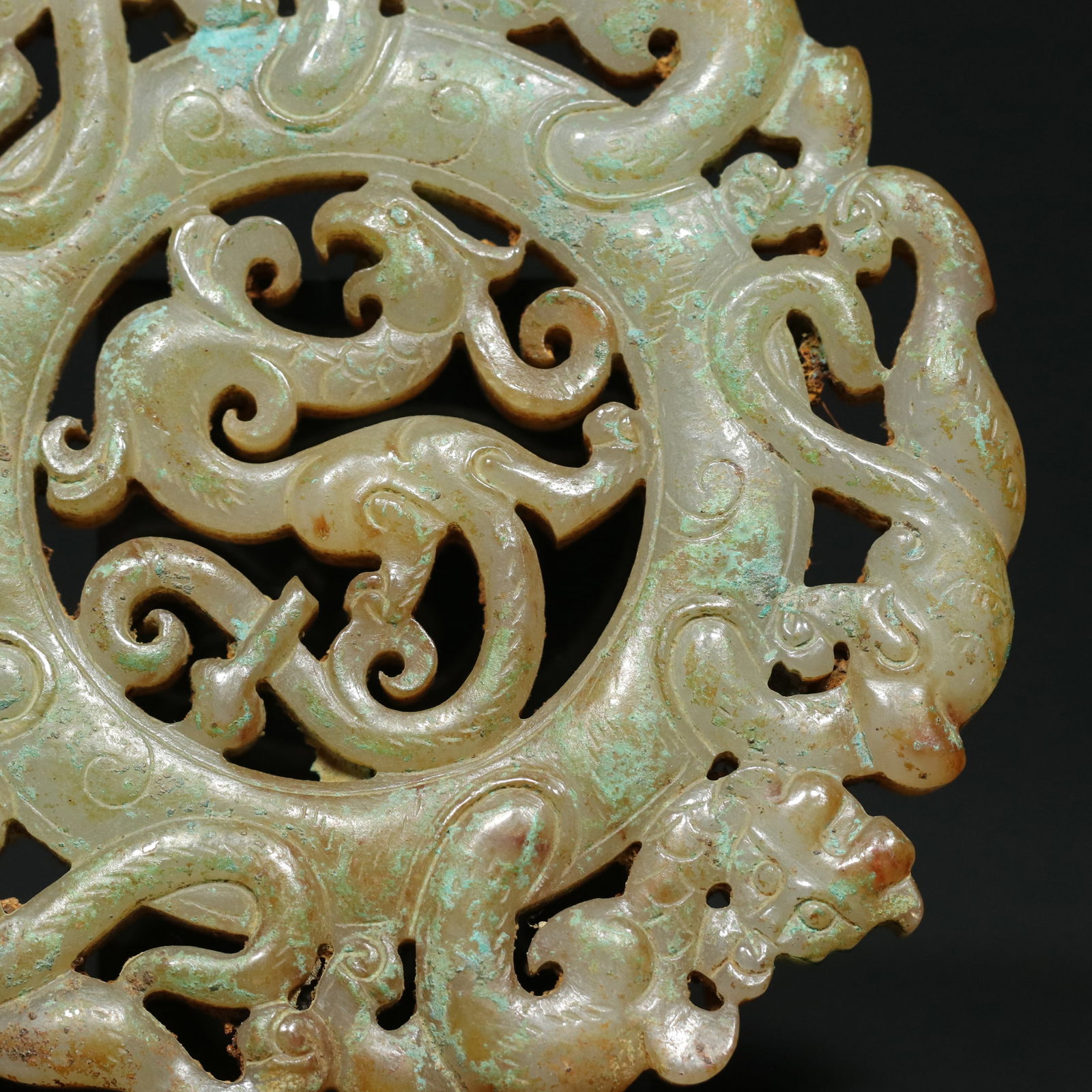 Openwork Hetian Jade Dragon Phoenix Bi Statue - 5