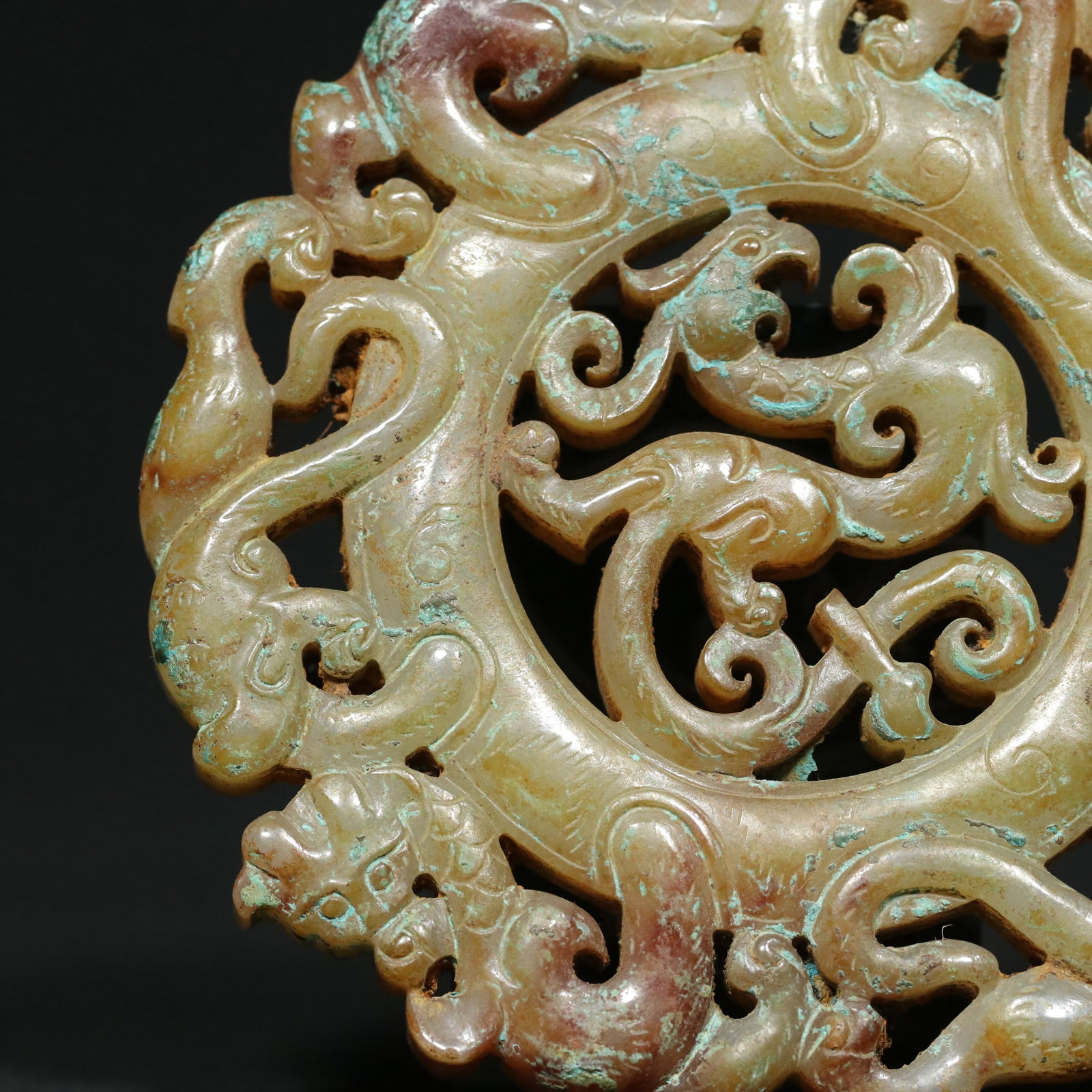 Openwork Hetian Jade Dragon Phoenix Bi Statue - 9
