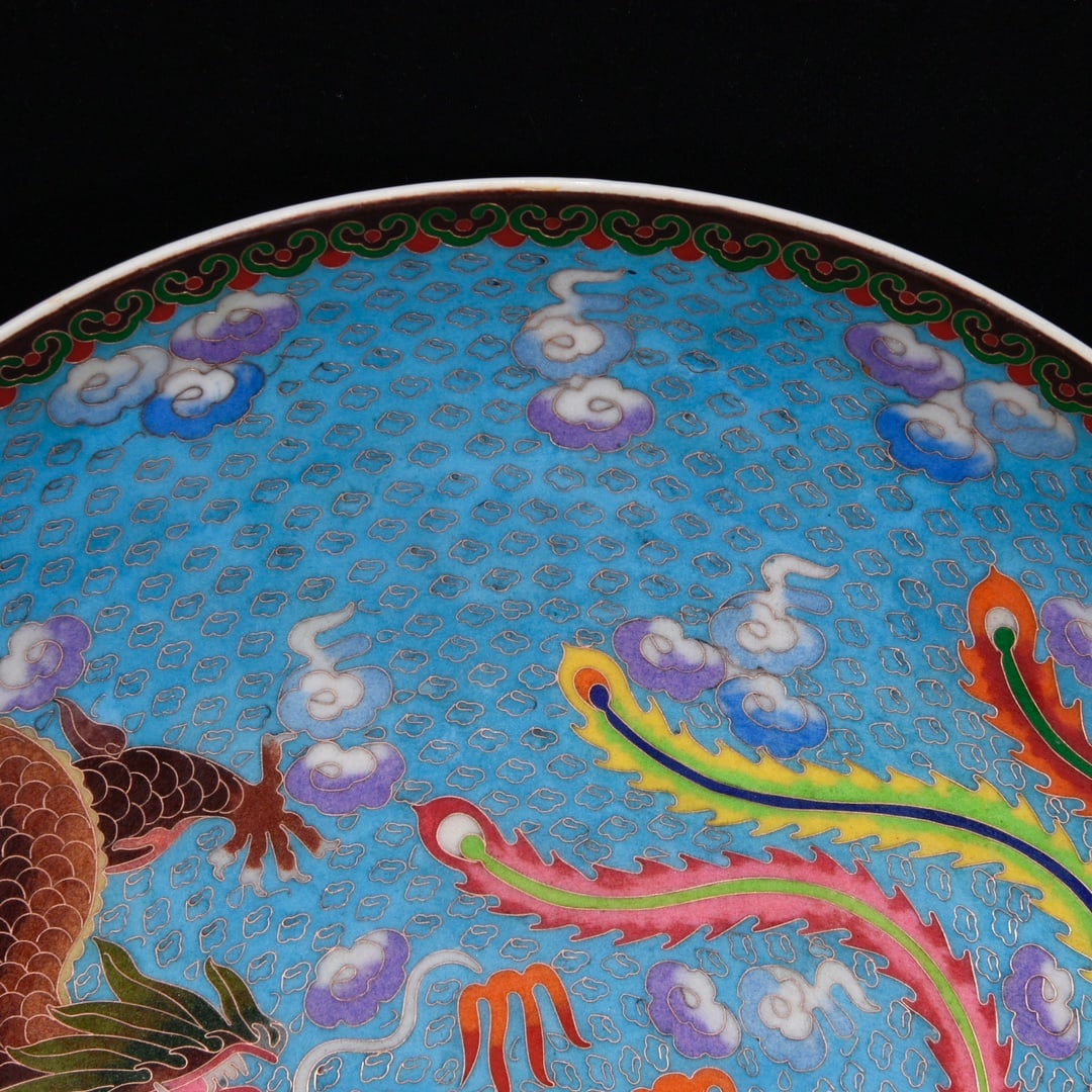 Old Bronze Enamel Dragon Phoenix Design Big Plate - 3