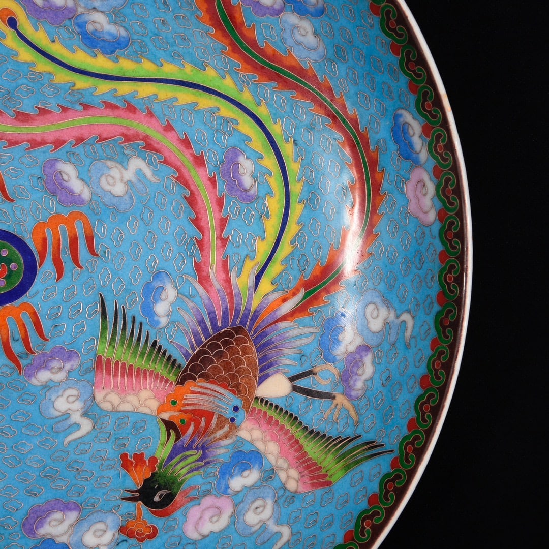 Old Bronze Enamel Dragon Phoenix Design Big Plate - 4