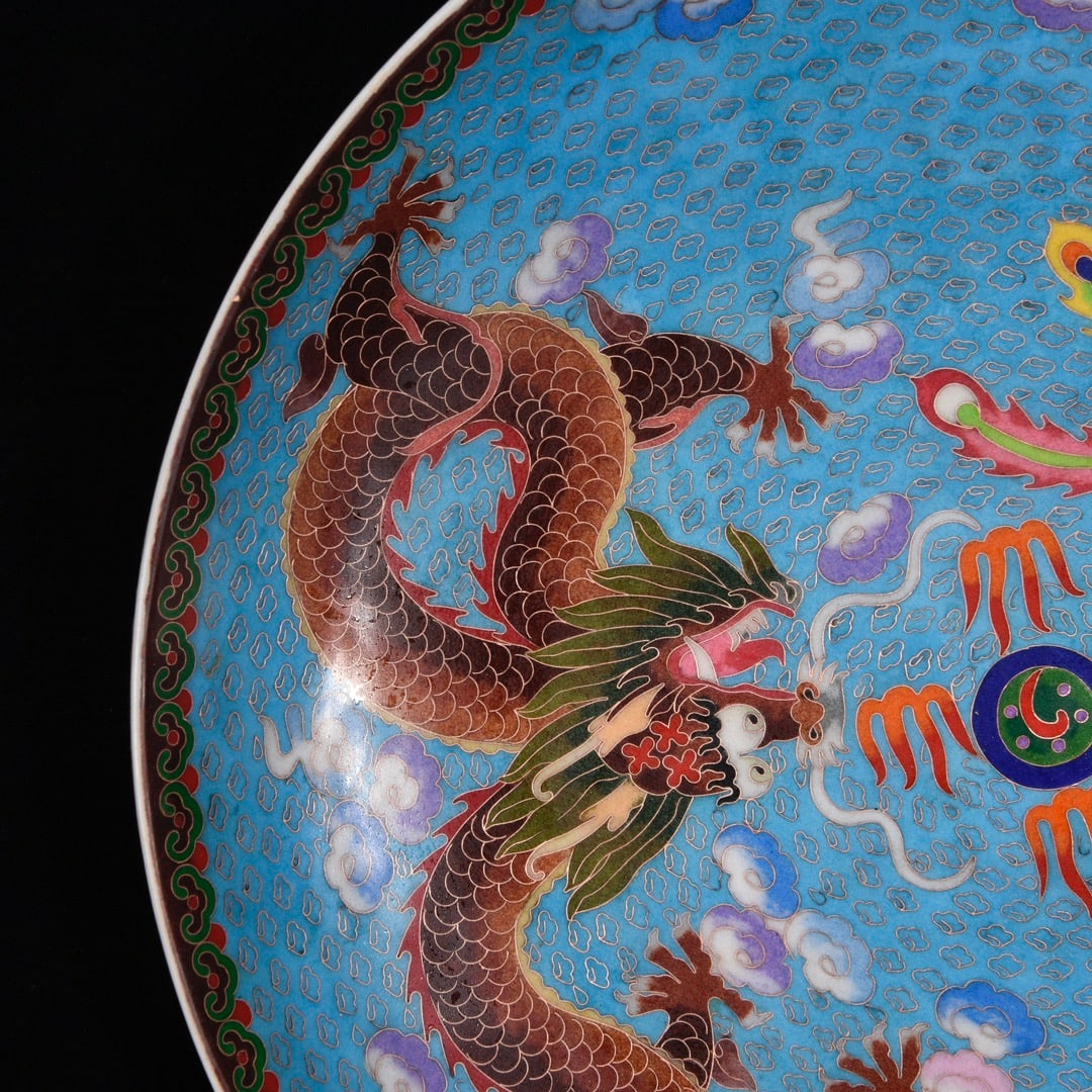 Old Bronze Enamel Dragon Phoenix Design Big Plate - 5