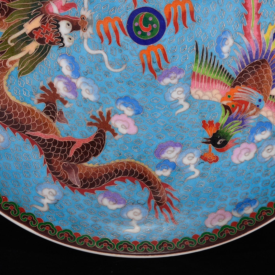 Old Bronze Enamel Dragon Phoenix Design Big Plate - 6