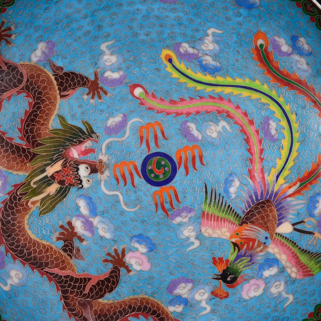 Old Bronze Enamel Dragon Phoenix Design Big Plate - 7