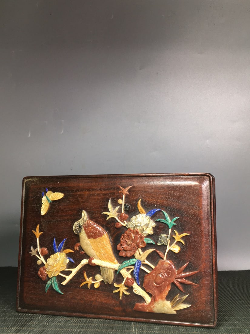 Old Huali Wood Inlay Shell,Shoushan Stone Flower Bird Box - 2