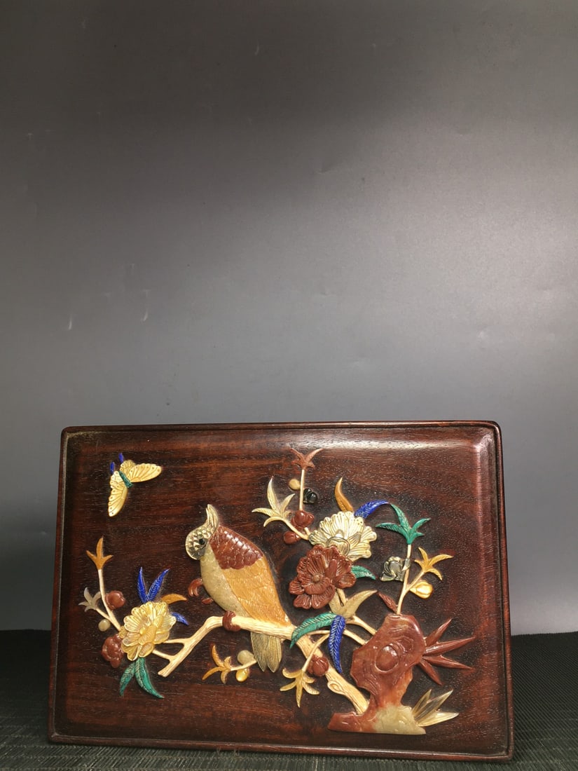 Old Huali Wood Inlay Shell,Shoushan Stone Flower Bird Box - 3