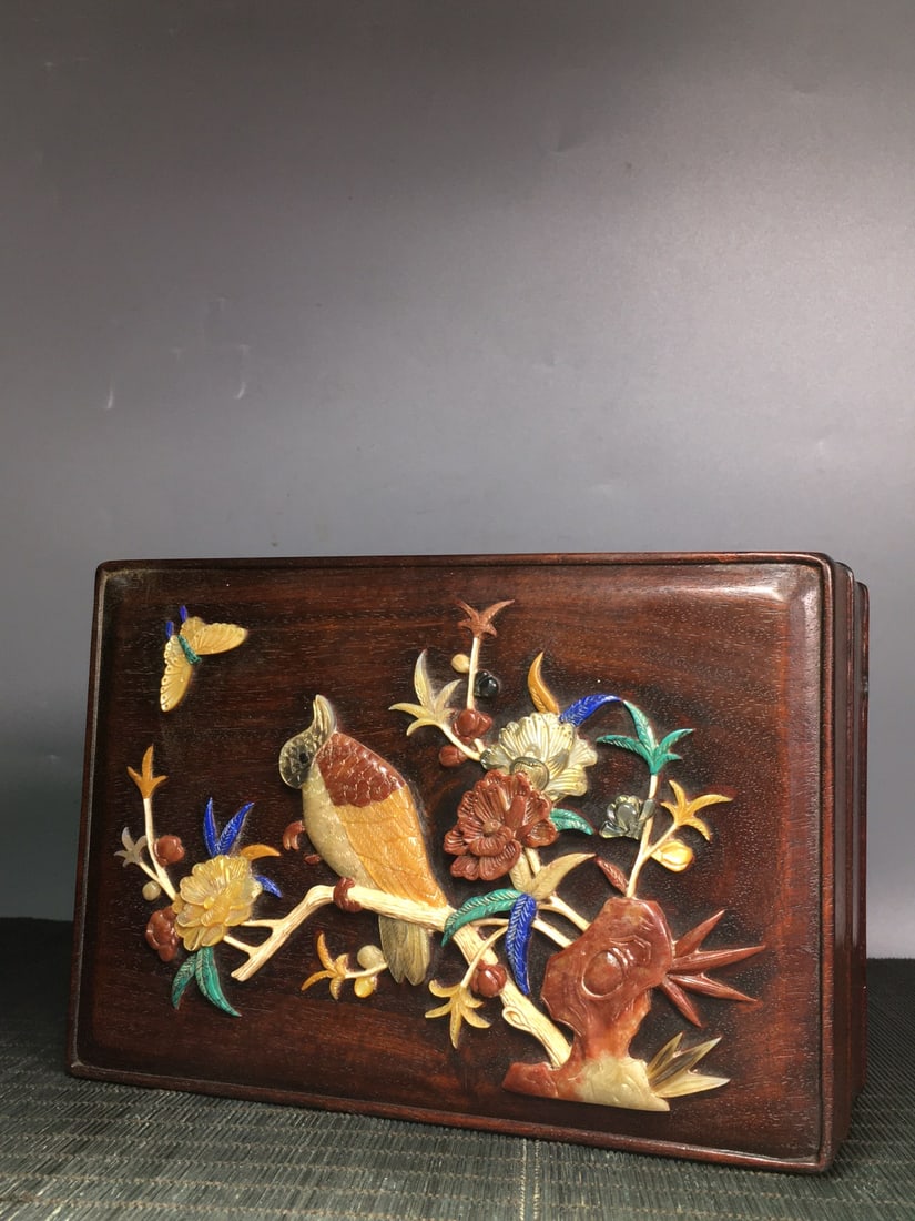 Old Huali Wood Inlay Shell,Shoushan Stone Flower Bird Box - 4