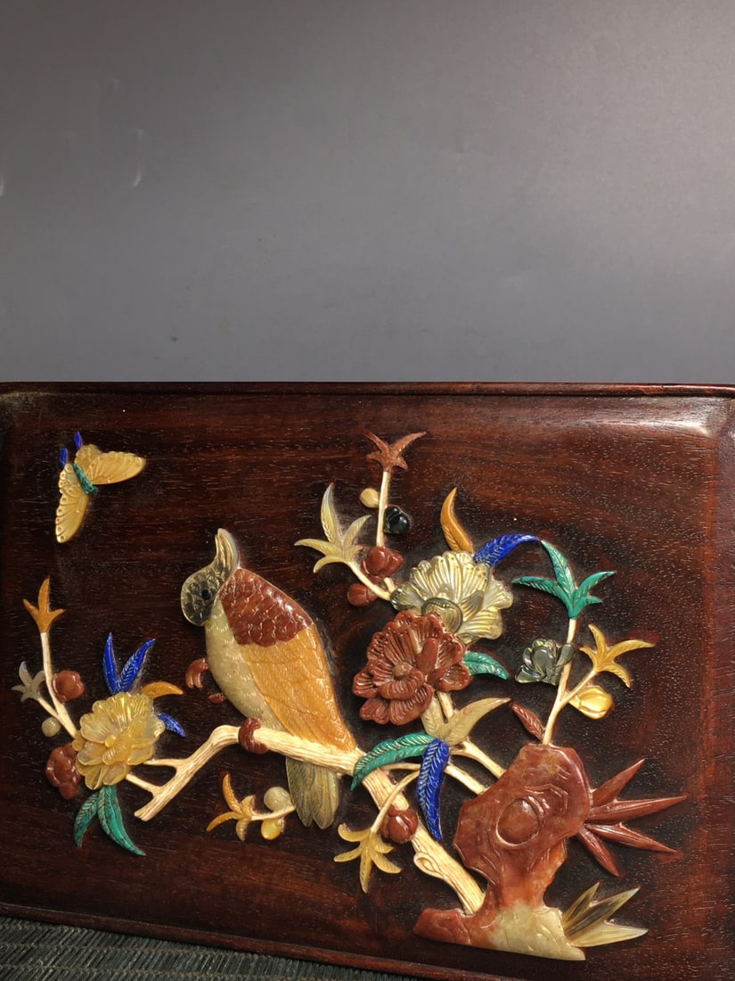 Old Huali Wood Inlay Shell,Shoushan Stone Flower Bird Box - 5