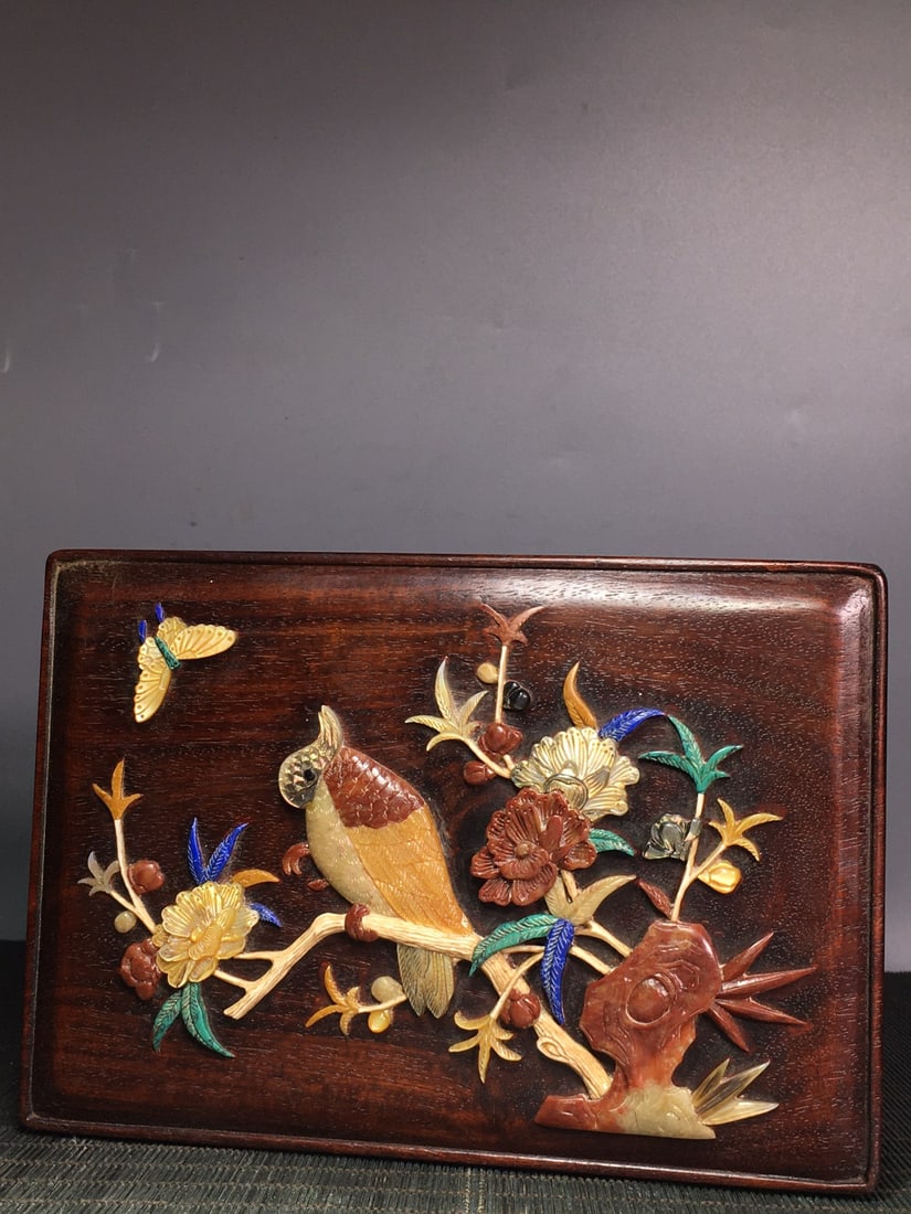 Old Huali Wood Inlay Shell,Shoushan Stone Flower Bird Box - 7