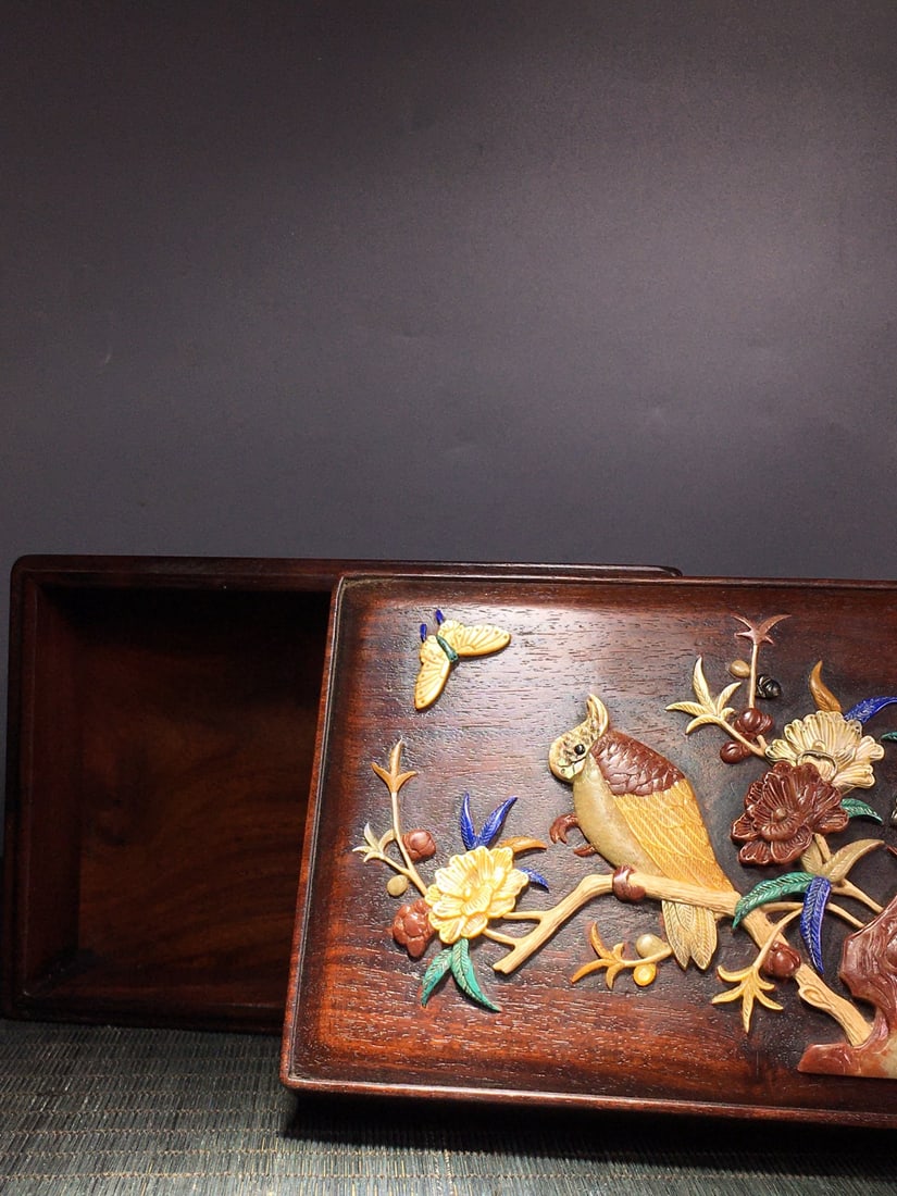 Old Huali Wood Inlay Shell,Shoushan Stone Flower Bird Box - 8
