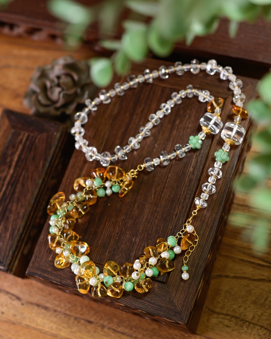 Yellow,White Crystal & Green Jadeite Necklace: Title: Yellow,White Crystal & Green Jadeite Necklace Origin: Chinese Date/Period: After2026 Materials: Crystal,Jadeite Dimensions: Reserve: $499.00 Shipping: Domestic: Shipping rates are determined