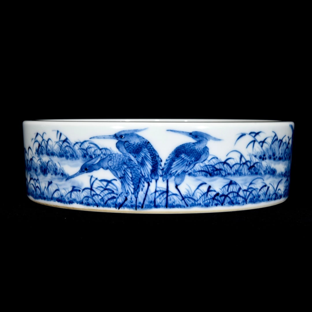 Blue and White Porcelain Egret Design Brush Washer: Title: Blue and White Porcelain Egret Design Brush Washer Origin: Chinese Date/Period: After1880 Materials: Porcelain Dimensions: 195x60(mm) 7.68x2.36(inches) Reserve: $1,199.00 Shipping: Domestic: