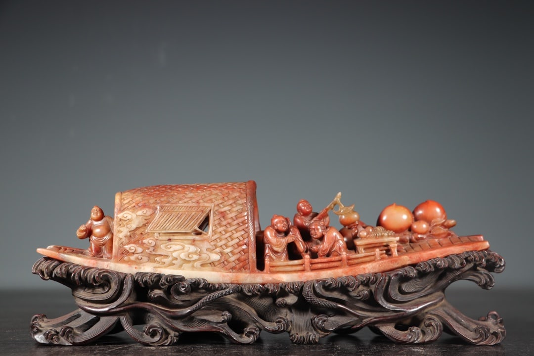 Vintage Shoushan Stone Hand-Carved Statue w Boat & Kids: Title: Vintage Shoushan Stone Hand-Carved Statue w Boat & Kids Origin: Chinese Date/Period: After1880 Materials: Shoushan Stone Dimensions: 320 x 110 x 70 (mm) 12.60 x 4.33 x 2.75 (inches) Weight: