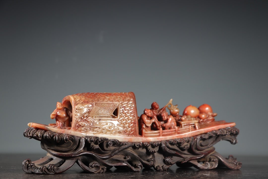 Vintage Shoushan Stone Hand-Carved Statue w Boat & Kids - 2