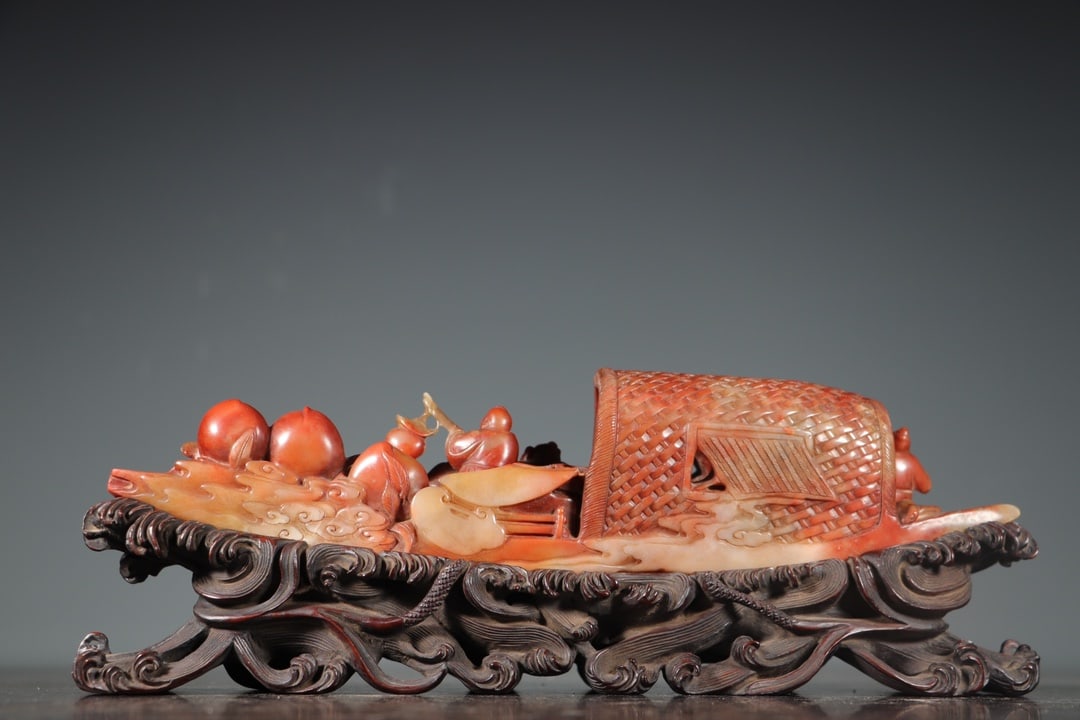 Vintage Shoushan Stone Hand-Carved Statue w Boat & Kids - 4
