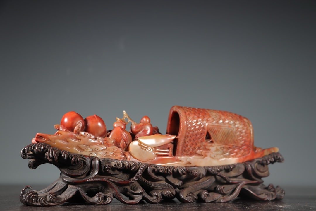 Vintage Shoushan Stone Hand-Carved Statue w Boat & Kids - 5