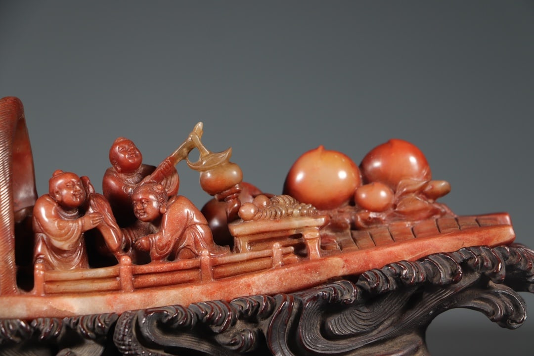 Vintage Shoushan Stone Hand-Carved Statue w Boat & Kids - 6