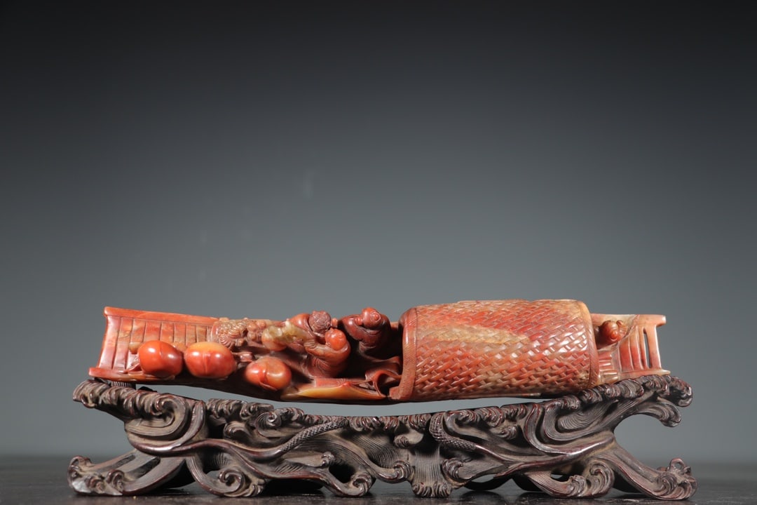 Vintage Shoushan Stone Hand-Carved Statue w Boat & Kids - 8