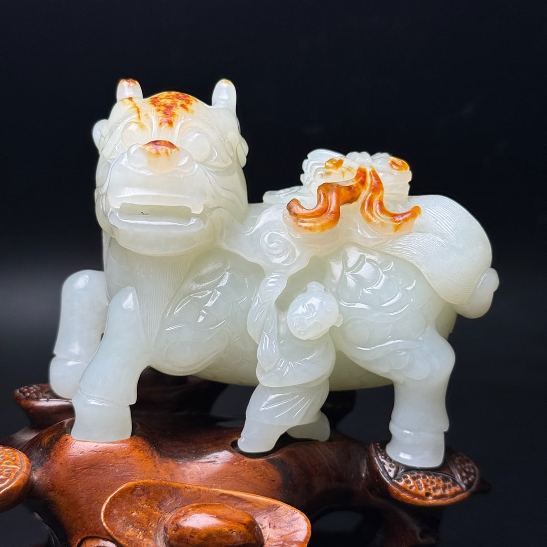 Natural Hetian Jade Hand-Carved Statue w Fortune Kylin - 2