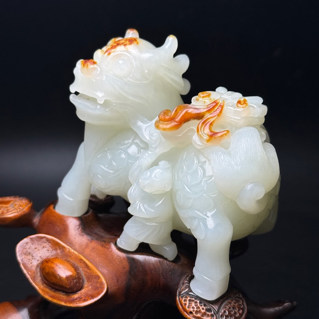 Natural Hetian Jade Hand-Carved Statue w Fortune Kylin - 3