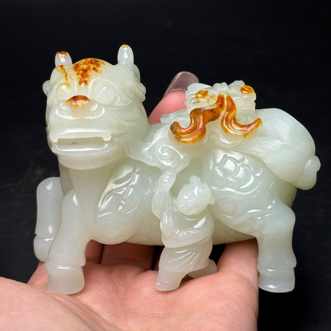 Natural Hetian Jade Hand-Carved Statue w Fortune Kylin - 9