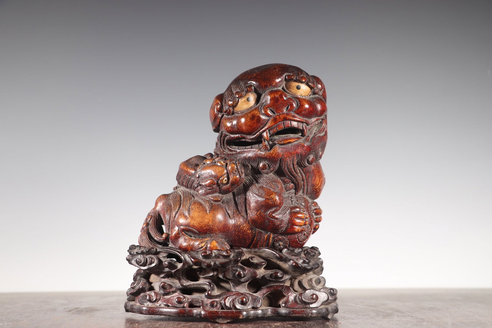 Vintage Bamboo Hand-Carved Statue w Fortune Lion (1 of 9)