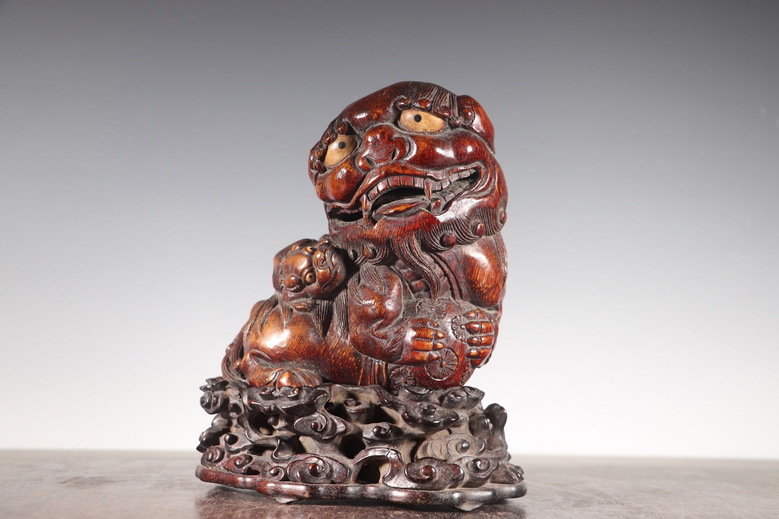 Vintage Bamboo Hand-Carved Statue w Fortune Lion - 2