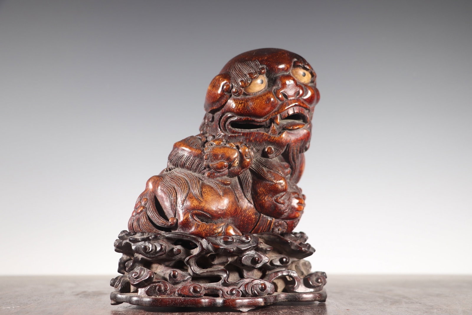 Vintage Bamboo Hand-Carved Statue w Fortune Lion - 3