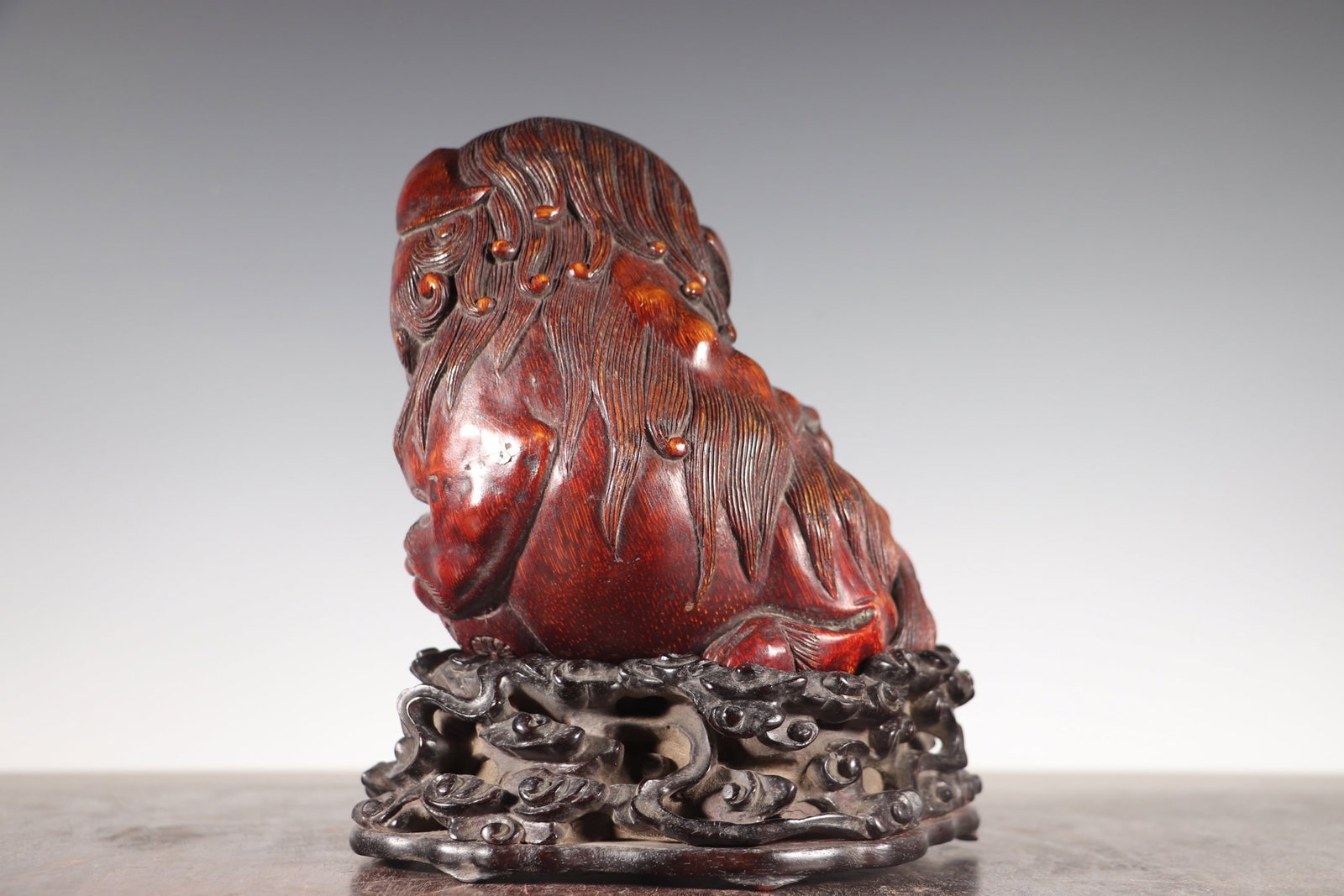 Vintage Bamboo Hand-Carved Statue w Fortune Lion - 5