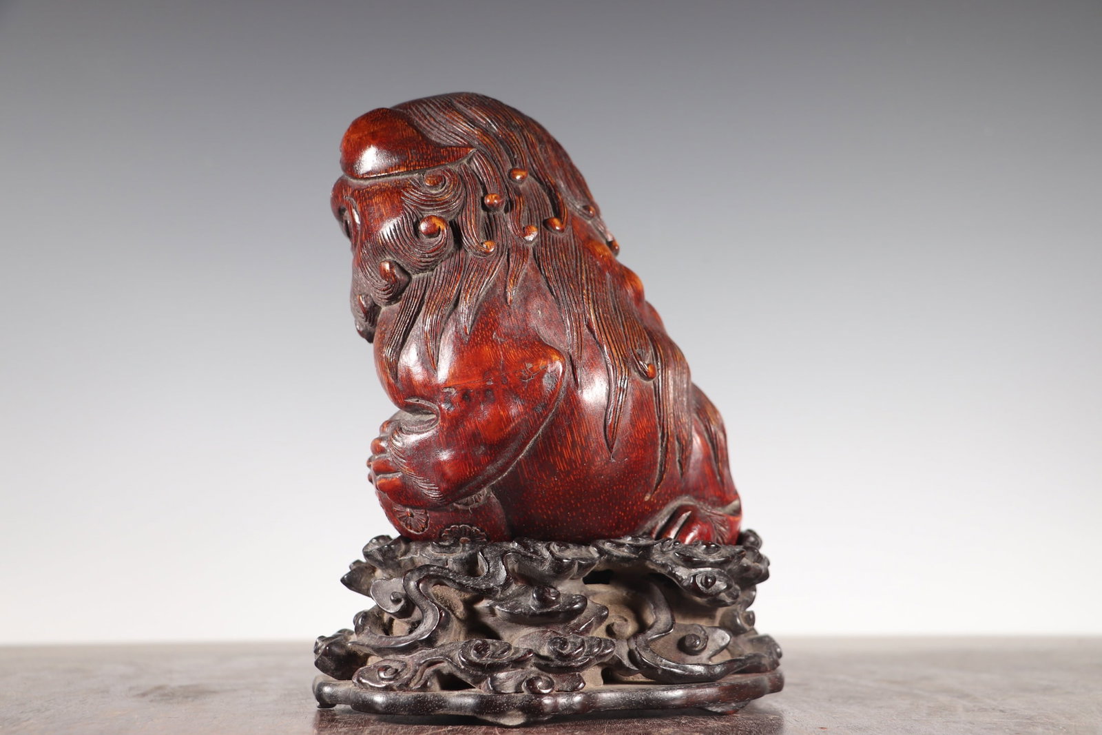 Vintage Bamboo Hand-Carved Statue w Fortune Lion - 7