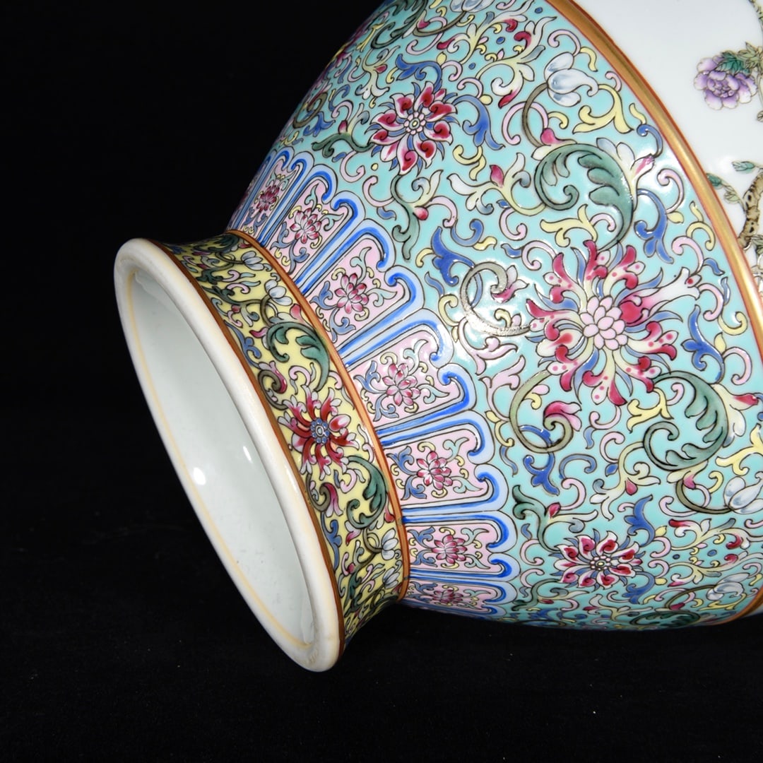 Porcelain Vase Gilt Gold Famille Rose w Flowers Bird ,Qing Dynasty QianLong Mark - 7