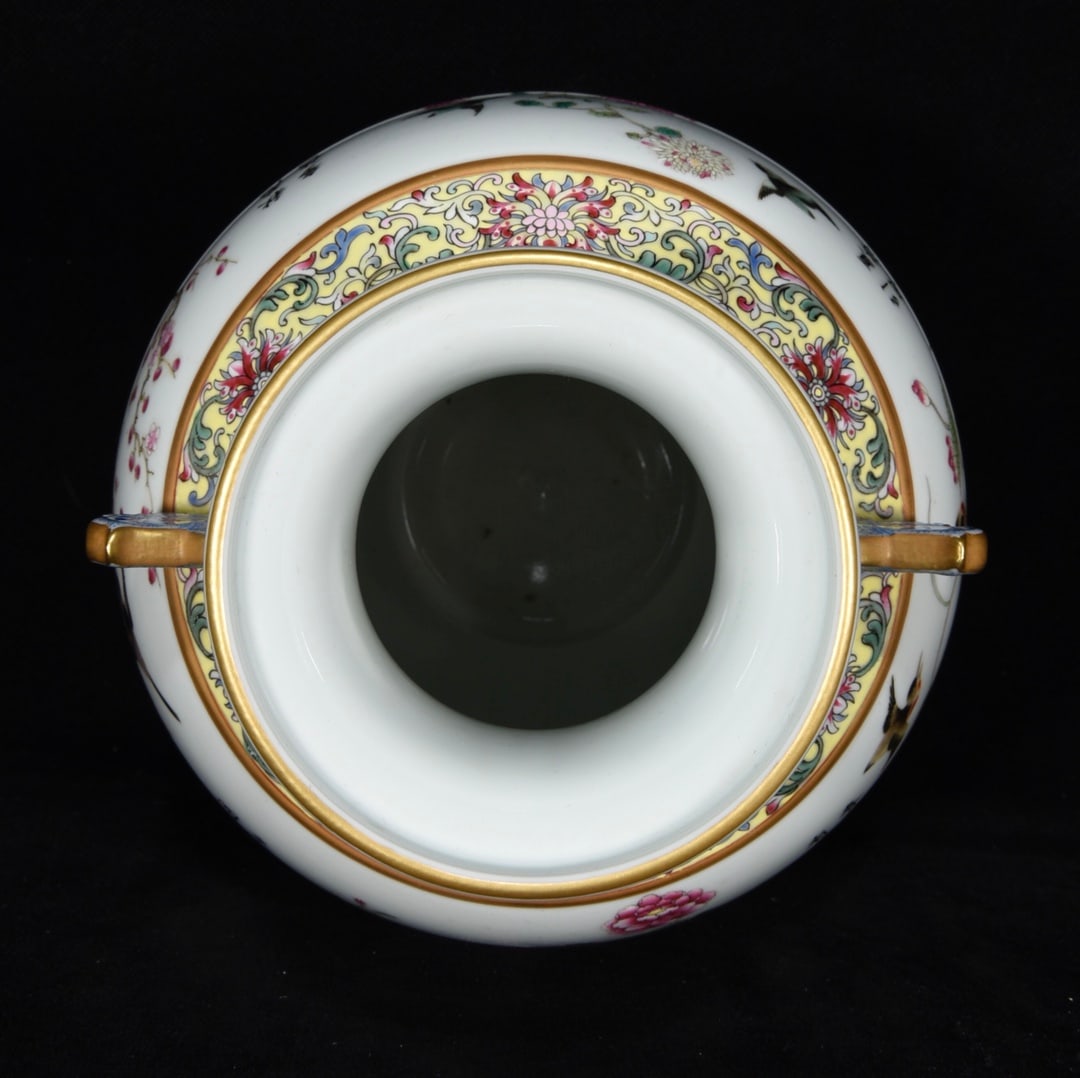 Porcelain Vase Gilt Gold Famille Rose w Flowers Bird ,Qing Dynasty QianLong Mark - 8