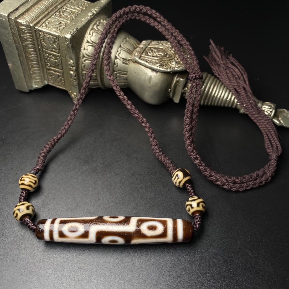 Tibetan 9 Eye DZI Agate Lucky Pendant w Hand Woven Beads Necklace (1 of 8)