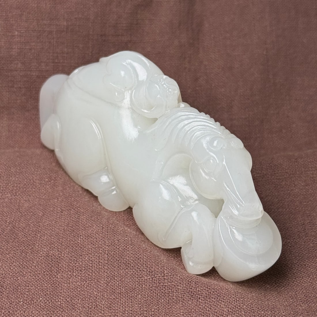 Natural White Hetian Jade Hand-Carved Statue w Horse & Monkey - 2