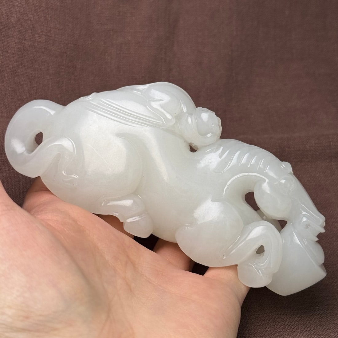 Natural White Hetian Jade Hand-Carved Statue w Horse & Monkey - 8
