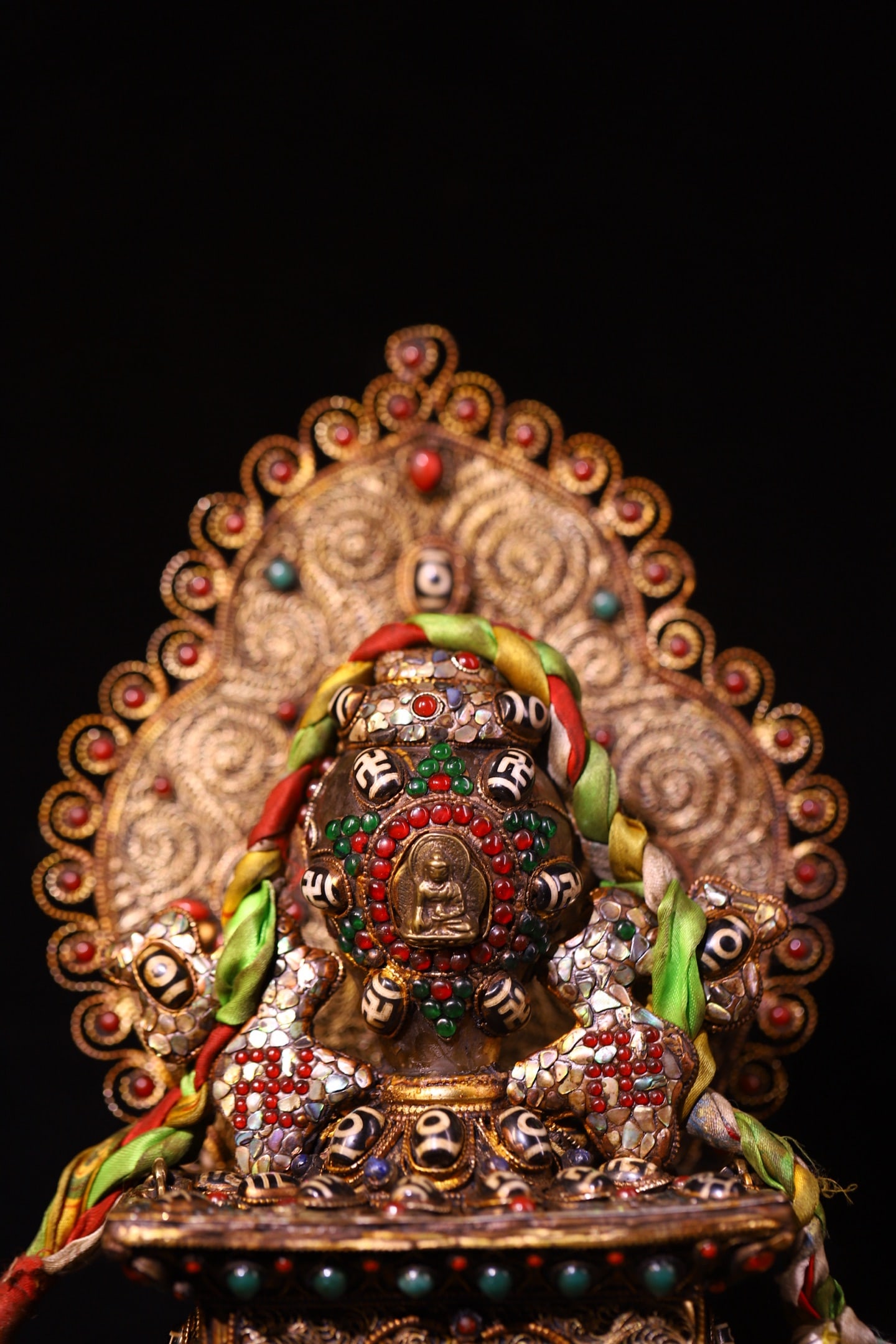 Tibetan Silver Wires Inlay Crystal & DZI Agate & Turquoise & Gems Dharma-vessel Statue - 2