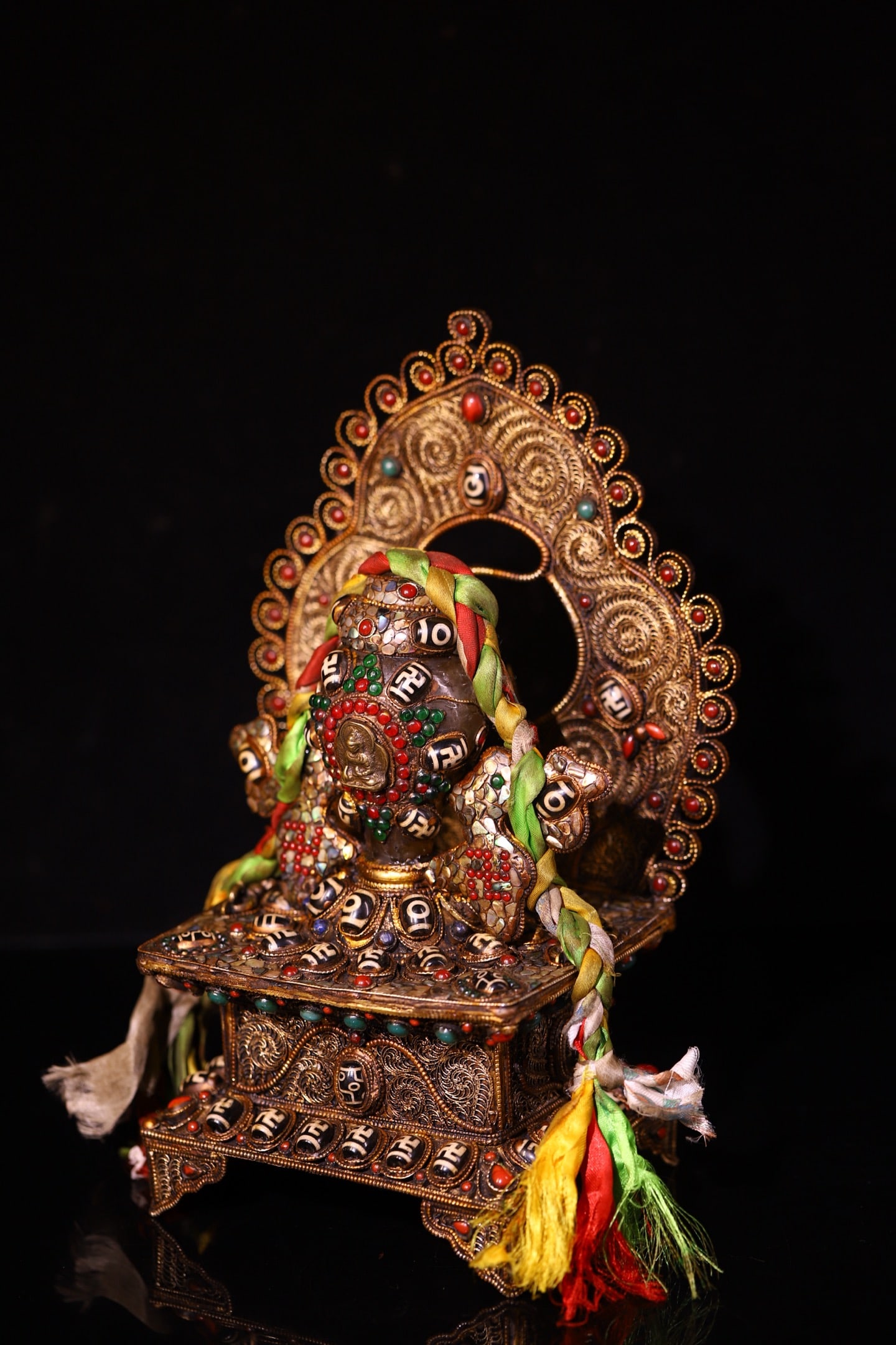 Tibetan Silver Wires Inlay Crystal & DZI Agate & Turquoise & Gems Dharma-vessel Statue - 3