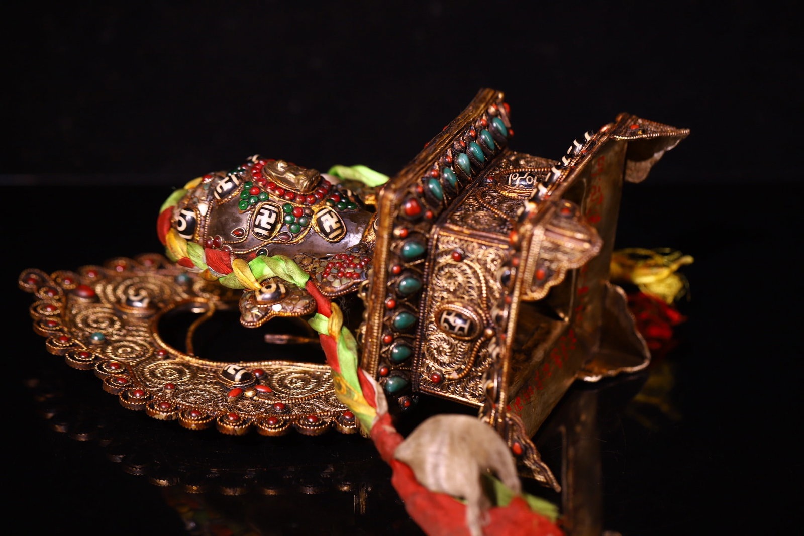Tibetan Silver Wires Inlay Crystal & DZI Agate & Turquoise & Gems Dharma-vessel Statue - 4