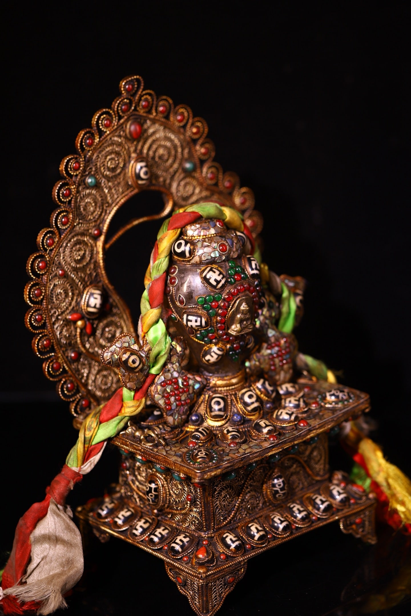 Tibetan Silver Wires Inlay Crystal & DZI Agate & Turquoise & Gems Dharma-vessel Statue - 5