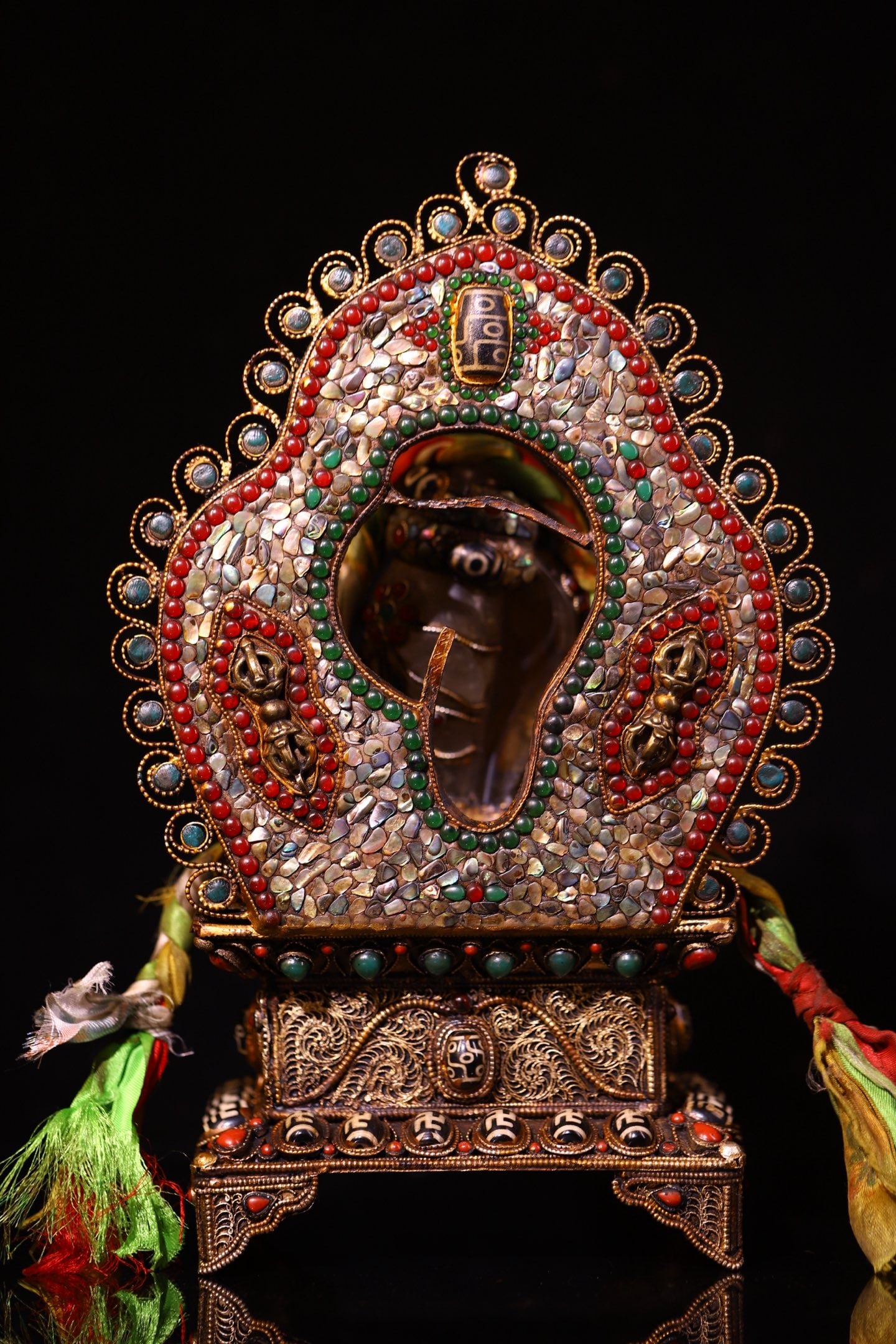 Tibetan Silver Wires Inlay Crystal & DZI Agate & Turquoise & Gems Dharma-vessel Statue - 6