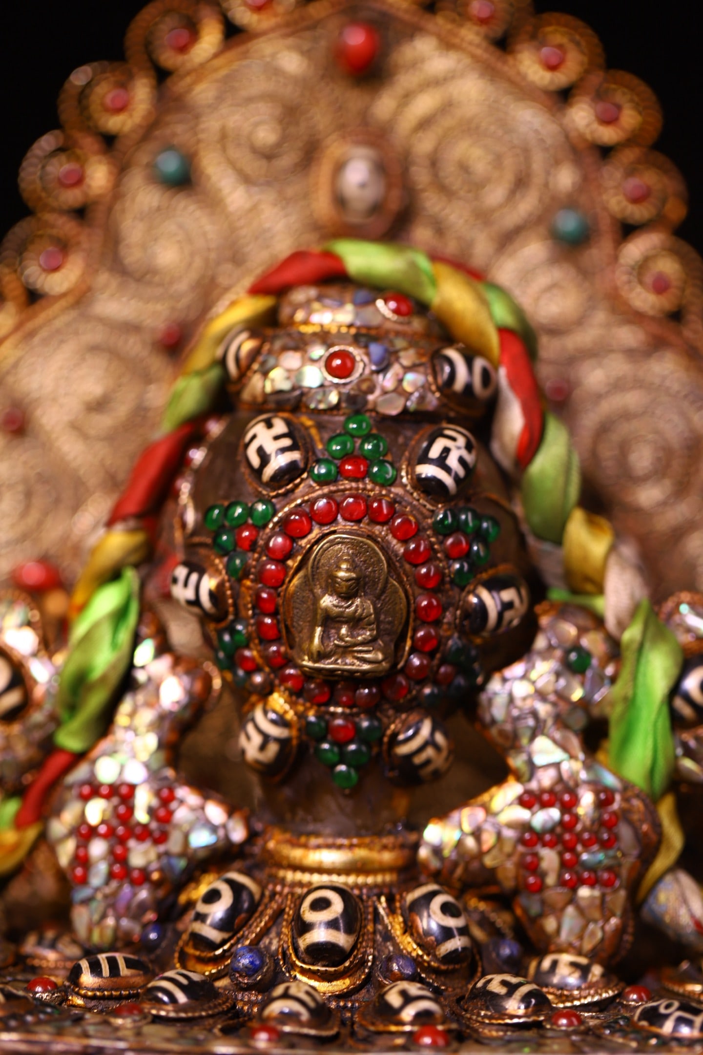 Tibetan Silver Wires Inlay Crystal & DZI Agate & Turquoise & Gems Dharma-vessel Statue - 7