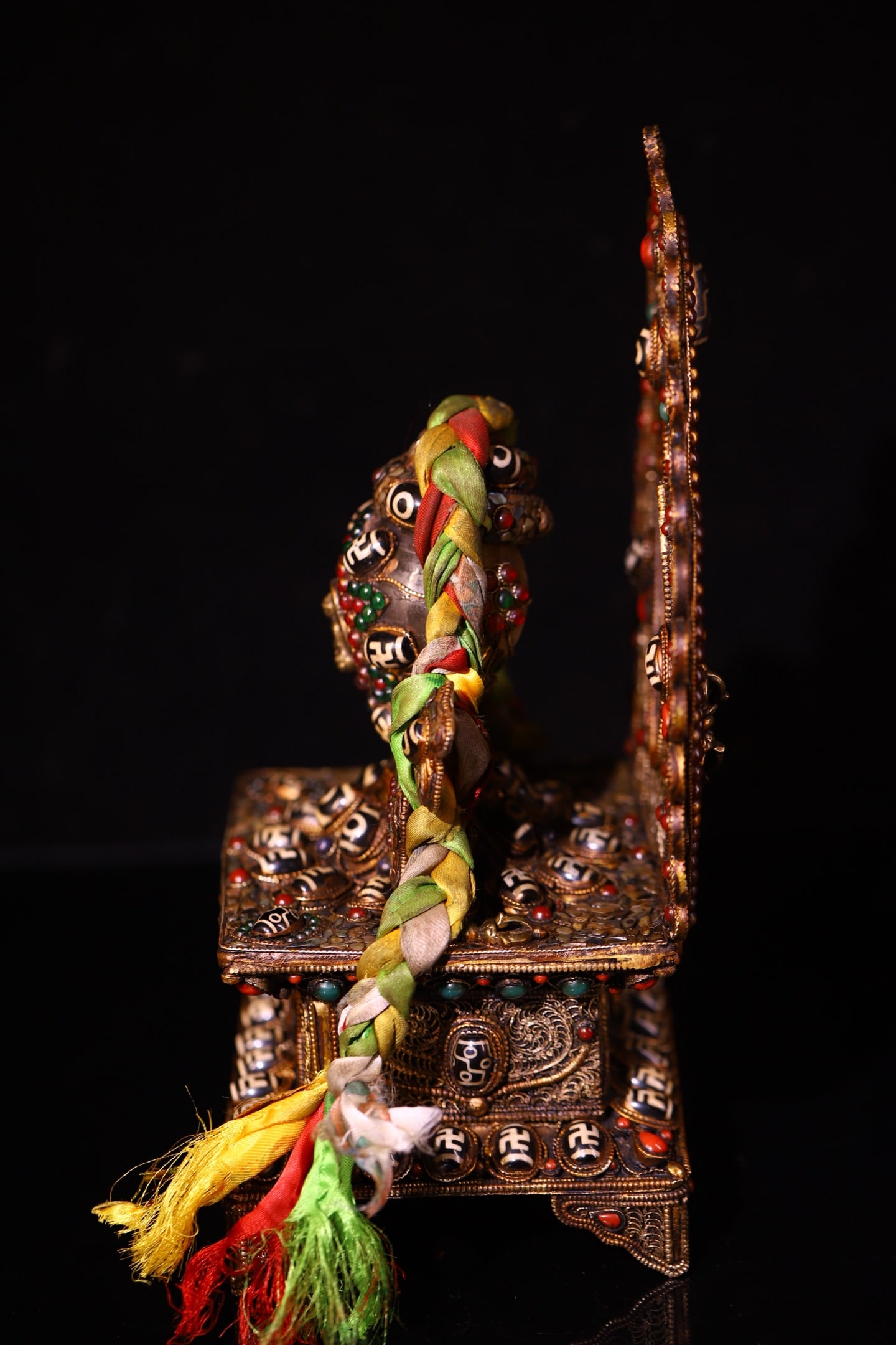 Tibetan Silver Wires Inlay Crystal & DZI Agate & Turquoise & Gems Dharma-vessel Statue - 8