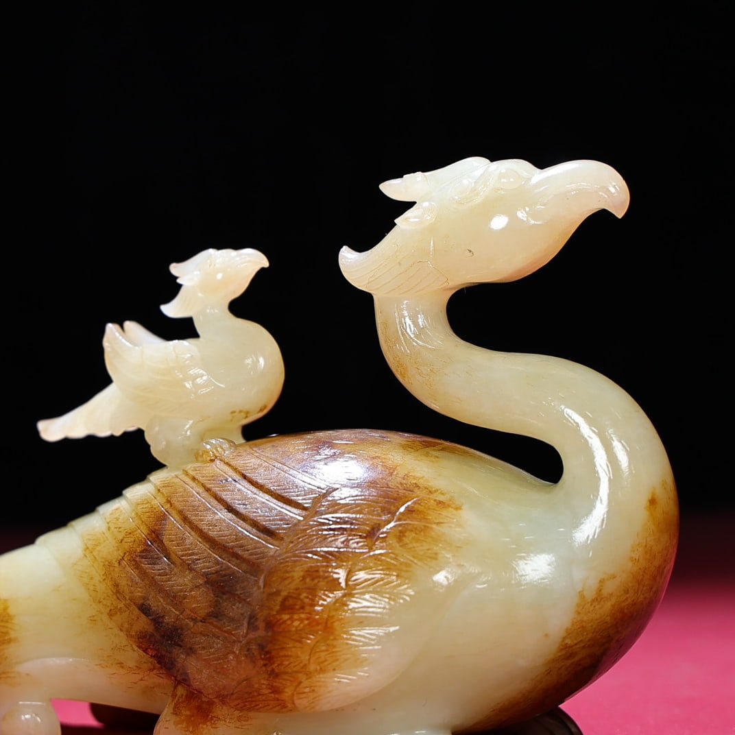 Natural Hetian Jade Hand-Carved Statue w Phoenix - 2